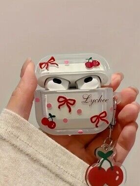 AIRPOD 4 White Cherry Print AirPods Case Cover with Keychain